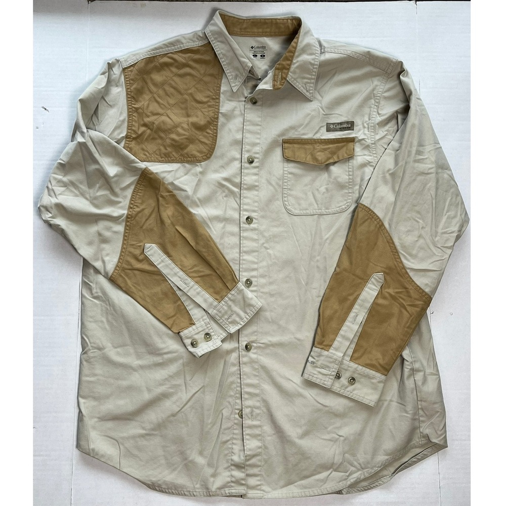 Columbia Men's Long Sleeve Button Up Shirt Tan Khaki Quilted Shoulder Pocket